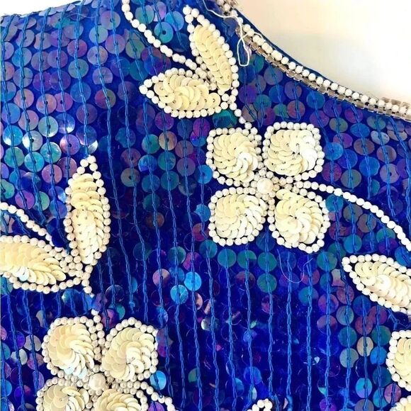 Judi 80s Sequins Top 100% Silk Size L (Medium current) Royal Blue - Picture 4 of 6
